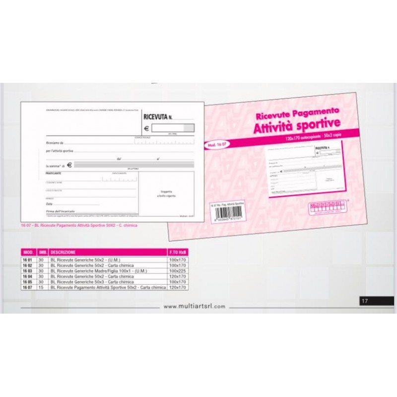 BLOCCO RICEVUTE ATTIVITA' SPORTIVE 120x170 50x2 COPIE (15 Pz)