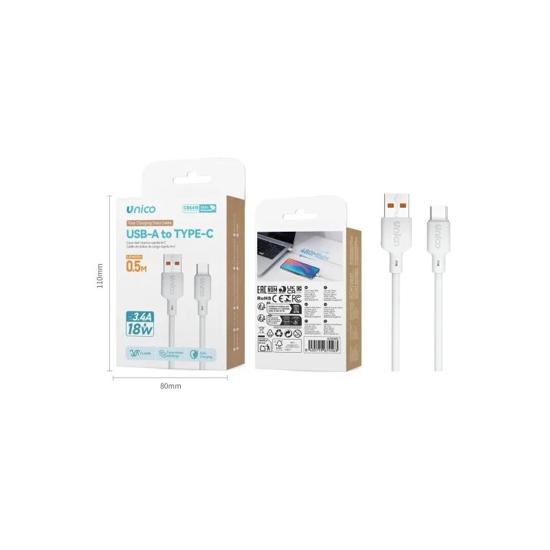 UNICO CAVO RICARICA USB to Type C 0.5 mt 3.4A